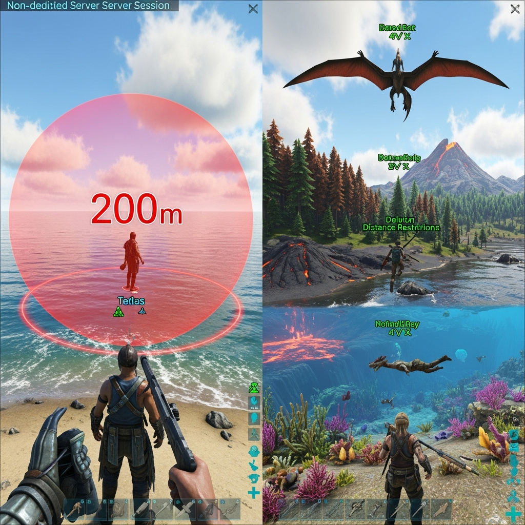 Comparación visual en pantalla dividida mostrando a la izquierda un jugador conectado a servidor ARK no dedicado con límite de distancia visible mediante línea roja de 200 metros, y a la derecha múltiples jugadores explorando libremente distintas zonas del mapa The Island en un servidor dedicado, con interfaz del juego fotorrealista y HUD visible