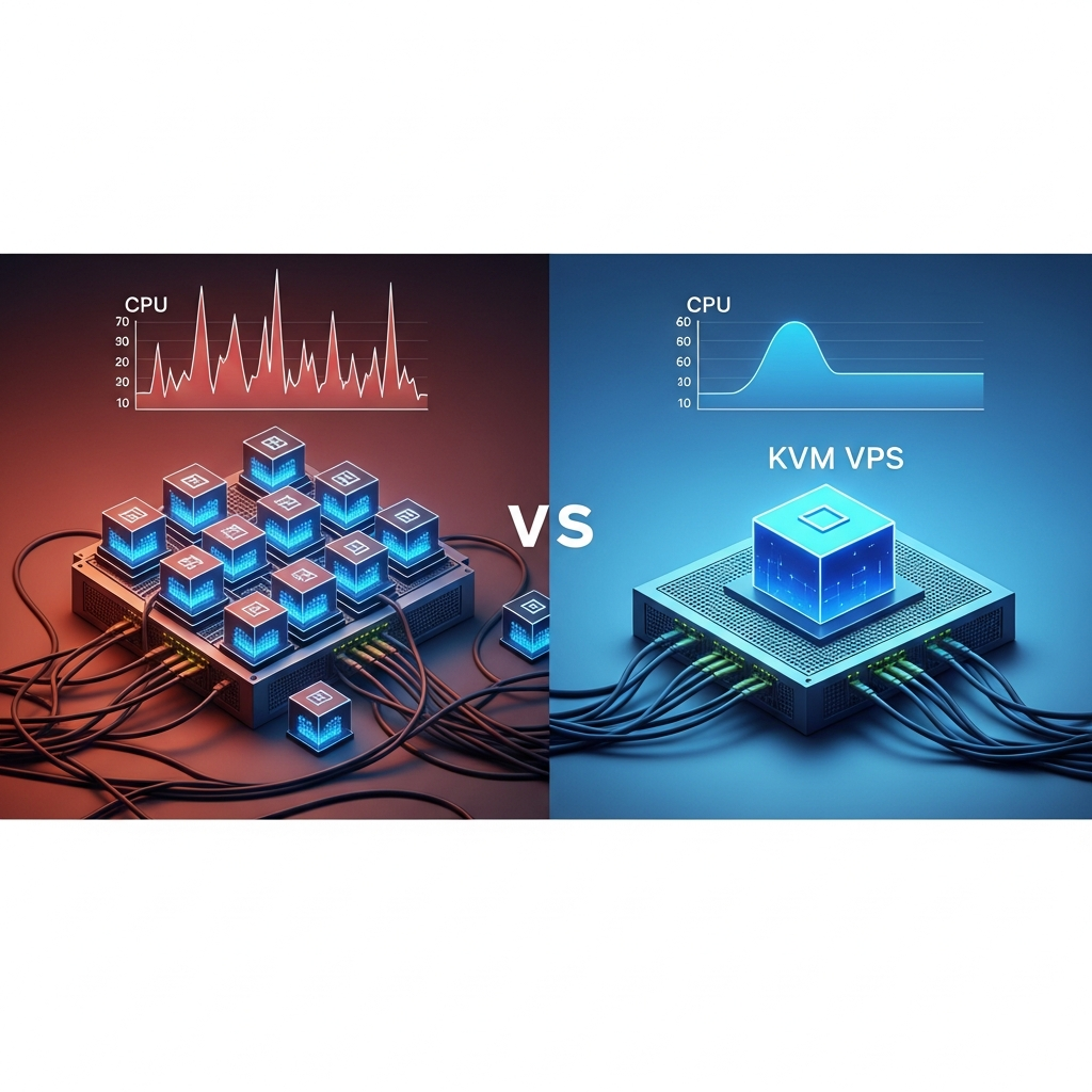 Comparación visual lado a lado de arquitectura de servidor: izquierda mostrando múltiples contenedores compartiendo recursos en un nodo saturado con gráficos de uso CPU al máximo, derecha mostrando un VPS KVM aislado con recursos dedicados y gráficos estables, diseño infográfico profesional y técnico
