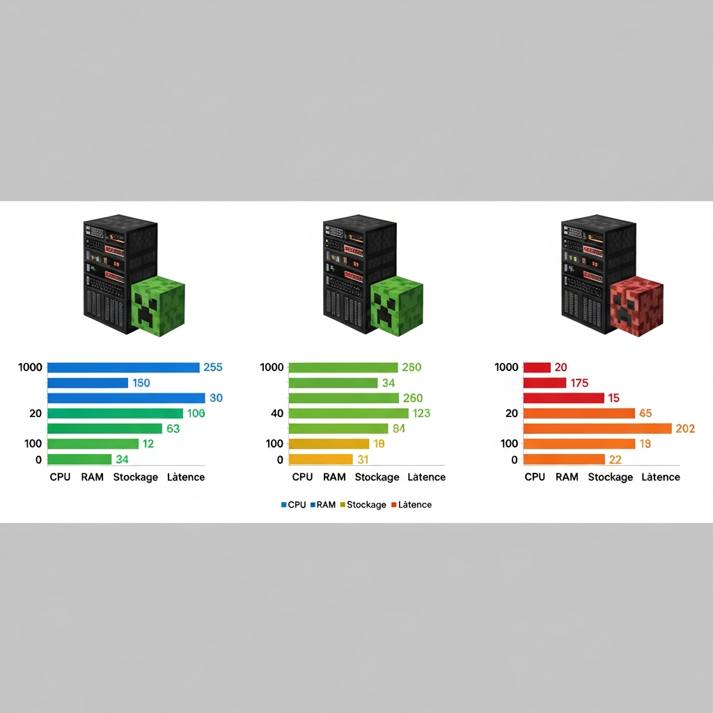 Comparaison visuelle côte à côte de trois configurations de serveurs Minecraft, montrant des diagrammes de performance avec barres de statistiques colorées pour CPU, RAM, stockage et latence, sur fond neutre avec légendes claires en français