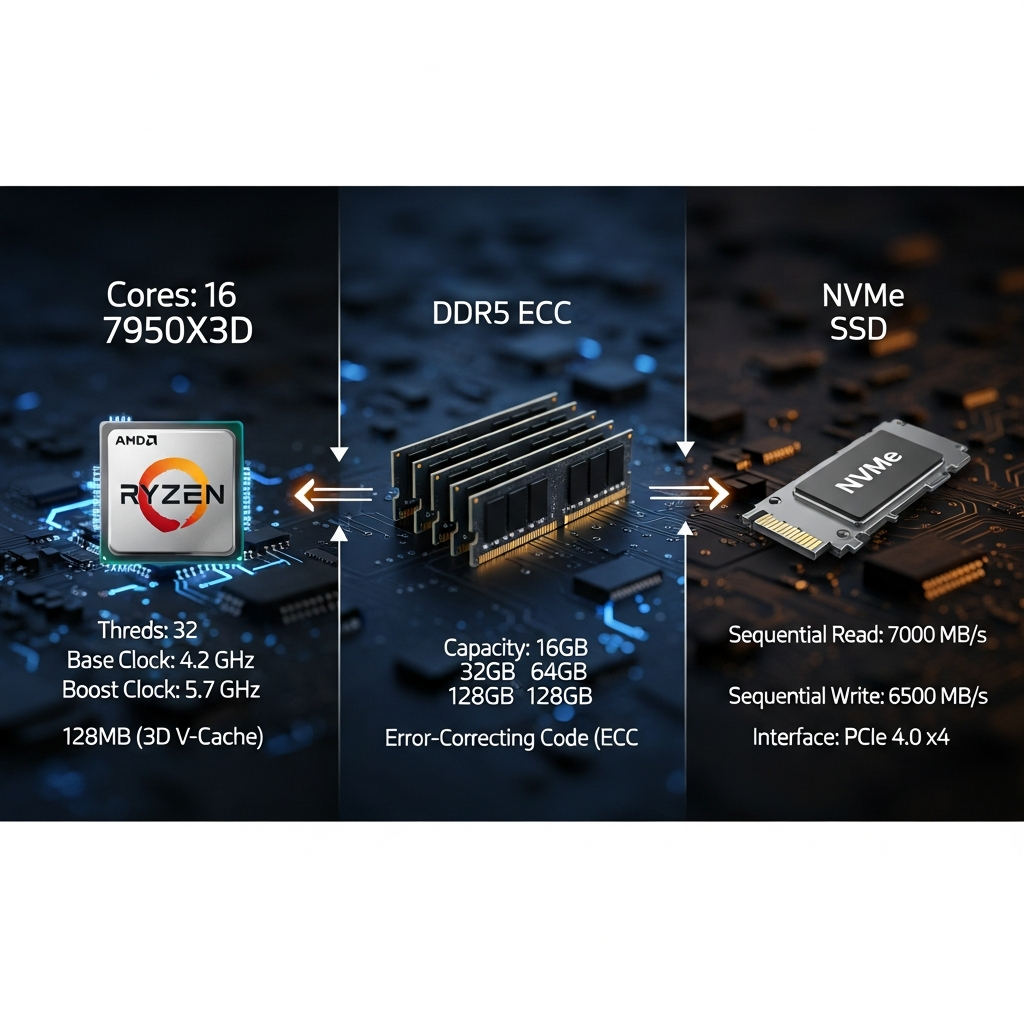 Comparativa visual tipo infografía que muestra tres columnas con iconos de hardware: a la izquierda procesador AMD Ryzen 9 7950X3D con especificaciones técnicas, en el centro módulos de RAM DDR5 ECC con capacidades, a la derecha unidad NVMe SSD con velocidades de transferencia, todo con diseño técnico profesional y flechas indicando flujo de datos