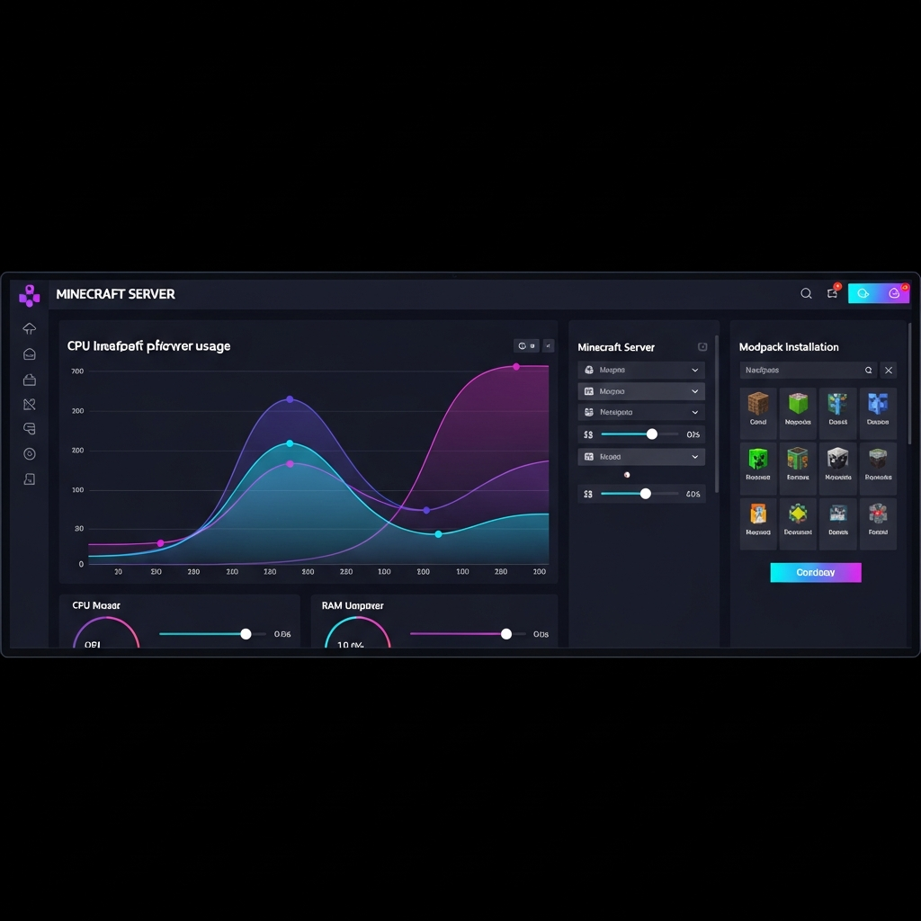 Computer screen displaying modern game server control panel interface with Minecraft server settings, colorful performance graphs showing CPU and RAM usage, modpack installation options visible, clean dashboard design with gaming aesthetic