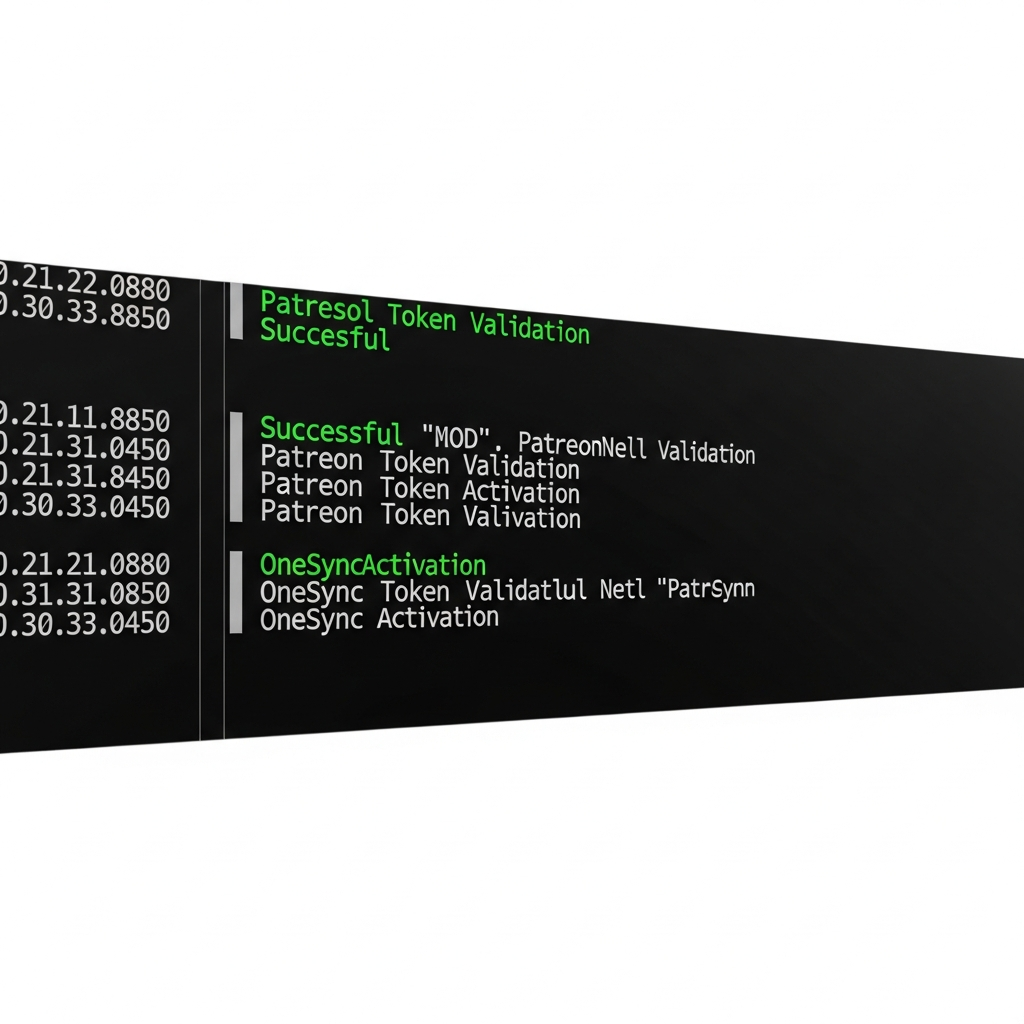 Consola de servidor FiveM en inicio mostrando líneas de log verdes con mensajes de validación exitosa de token Patreon y activación de OneSync, texto blanco sobre fondo negro estilo terminal, timestamps visibles a la izquierda