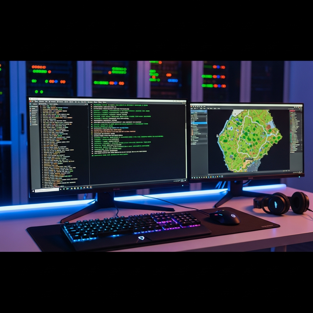 Console de serveur Minecraft affichant des logs en temps réel, lignes de code défilant sur fond noir, setup gaming avec double écran, clavier mécanique RGB illuminé, ambiance de salle de contrôle professionnelle