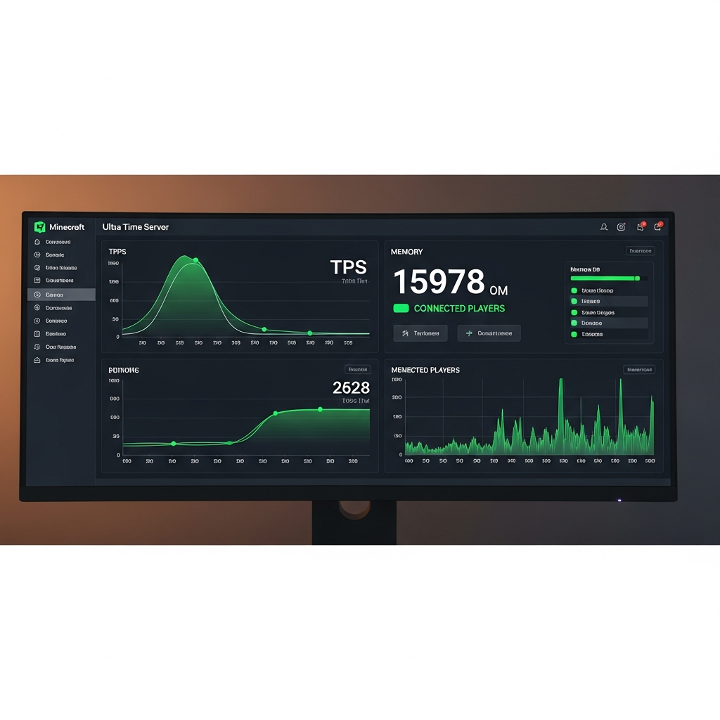 Dashboard de monitoring de serveur Minecraft affichant des graphiques de performance temps réel avec courbes de TPS, utilisation mémoire et nombre de joueurs connectés, interface moderne sombre avec indicateurs verts de santé du serveur