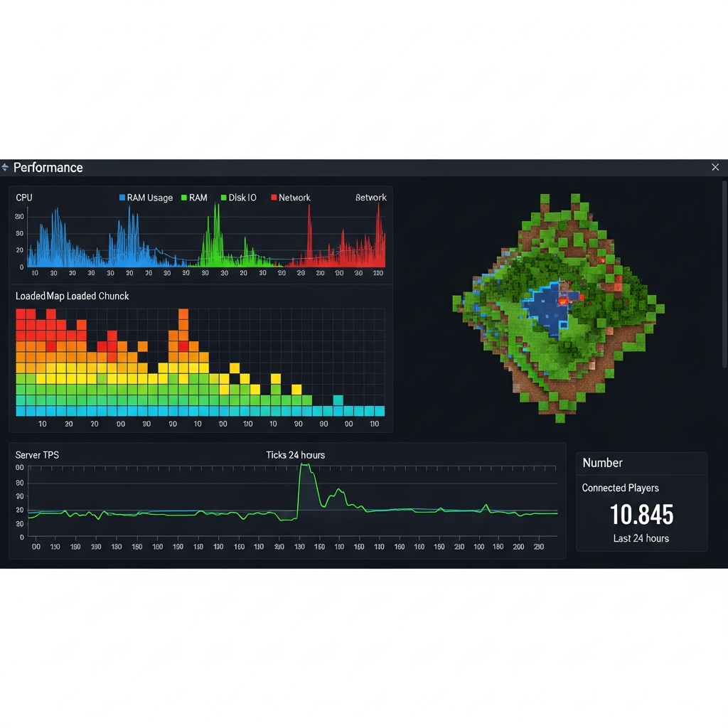 Dashboard de monitoring serveur Minecraft avec graphiques colorés de performance, carte thermique des chunks chargés, timeline de TPS, widget de joueurs connectés, thème sombre professionnel