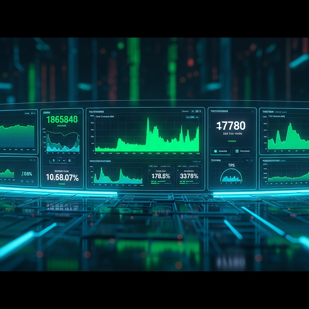 Dashboard de monitorización en tiempo real tipo Grafana mostrando gráficos de uso de CPU, RAM y TPS de un servidor Minecraft con mods, colores verde y azul neón, estética cyberpunk, múltiples paneles con métricas detalladas, fondo oscuro, interfaz profesional