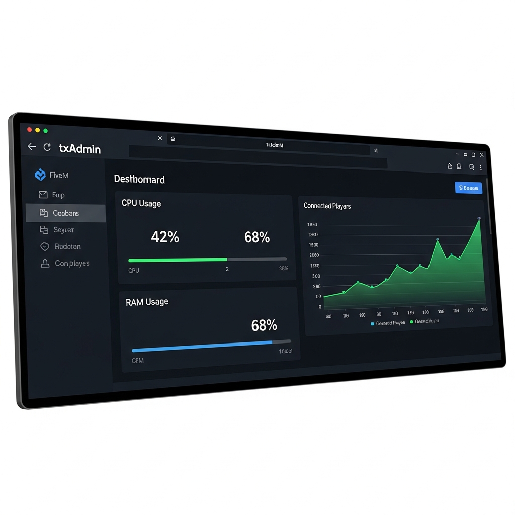 Dashboard de txAdmin en navegador mostrando gráficos de rendimiento del servidor FiveM, barras de uso de CPU al 42%, memoria RAM al 68%, gráfico de línea temporal de jugadores conectados ascendente, interfaz oscura con acentos verdes y azules