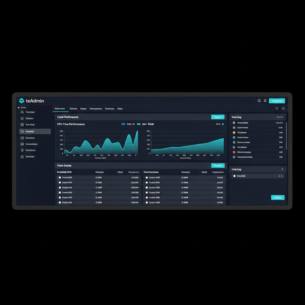 Dashboard moderne de panel de gestion FiveM sur écran 4K, interface txAdmin affichant graphiques de performance CPU/RAM en temps réel, liste de ressources ESX installées, console de logs en direct, thème sombre avec accents cyan, photoréaliste vue écran d'ordinateur