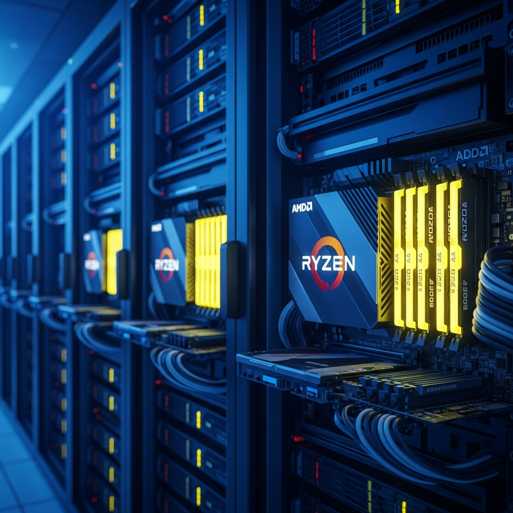 Datacenter de última generación con racks de servidores iluminados en azul, mostrando procesadores AMD Ryzen 9 instalados en placas base con módulos de RAM DDR5 brillantes, ambiente tecnológico profesional y fotorrealista