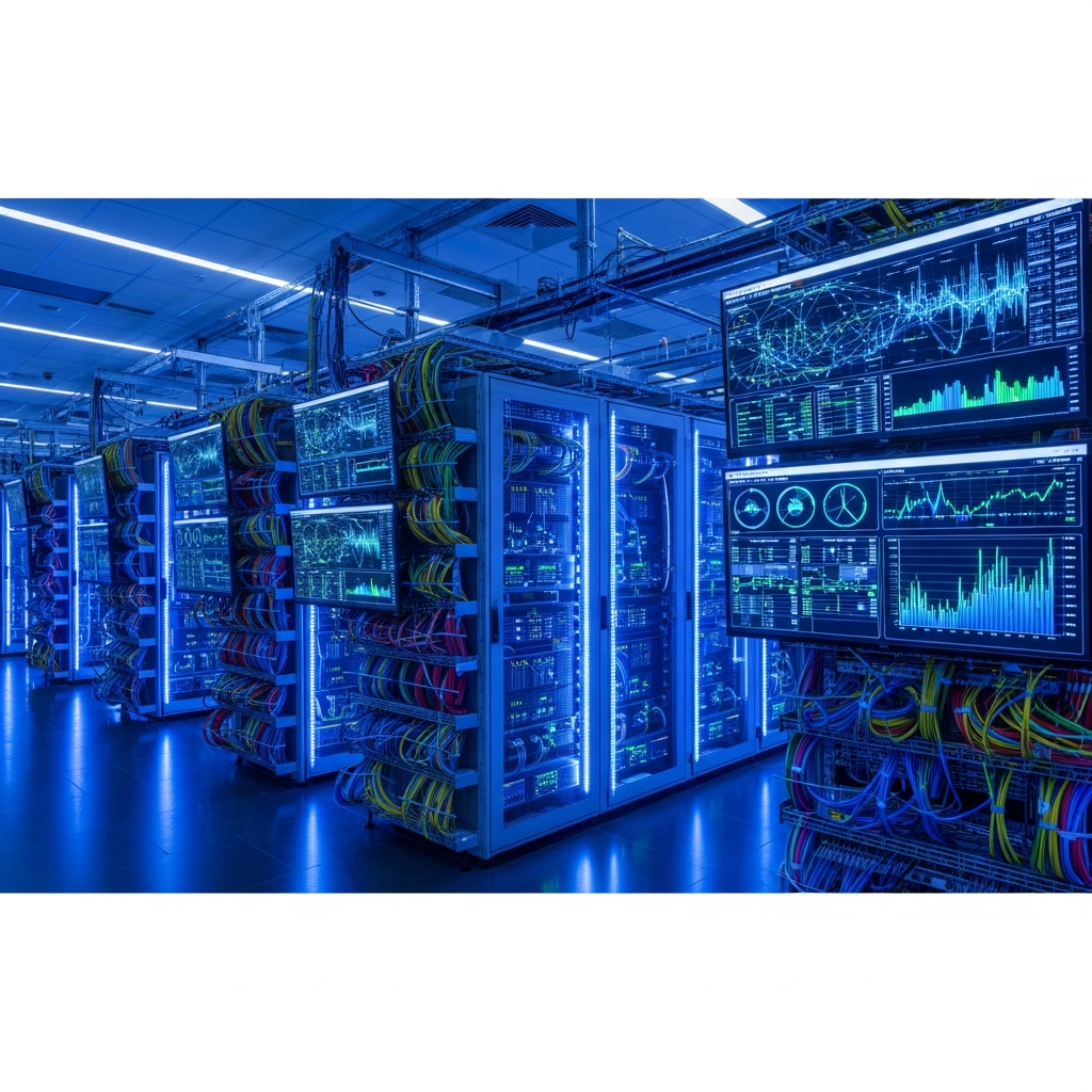Datacenter moderne avec racks de serveurs illuminés en bleu, câbles réseau structurés, écrans affichant des métriques de performance en temps réel, ambiance high-tech professionnelle