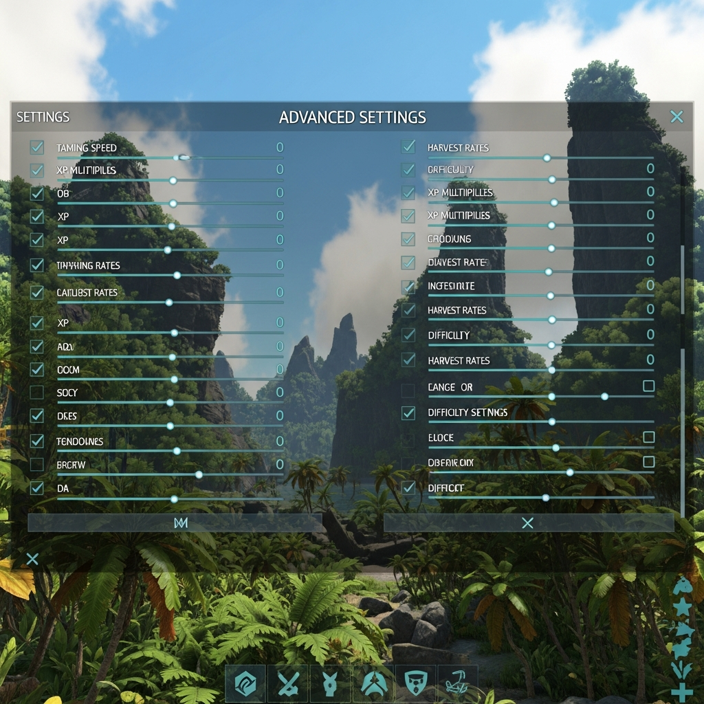 Detailed close-up screenshot of ARK's advanced server settings interface showing sliders and checkboxes for taming speed, XP multiplier, harvest rates, and difficulty settings, with a tropical ARK island visible through a translucent menu background