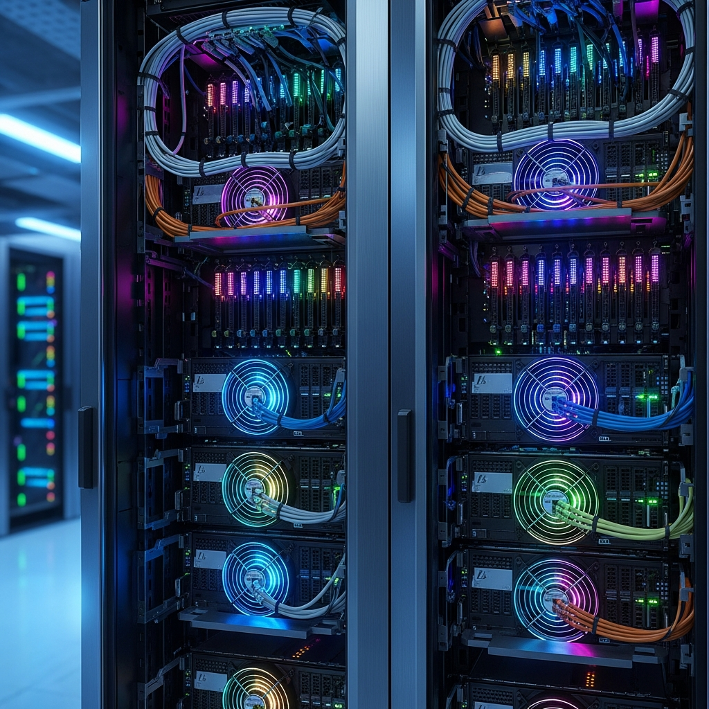 Detailed photorealistic image of a sleek modern data center rack filled with high-performance servers featuring RGB lighting, multiple cooling fans, and Ethernet cables neatly organized, symbolizing professional Minecraft server hosting infrastructure