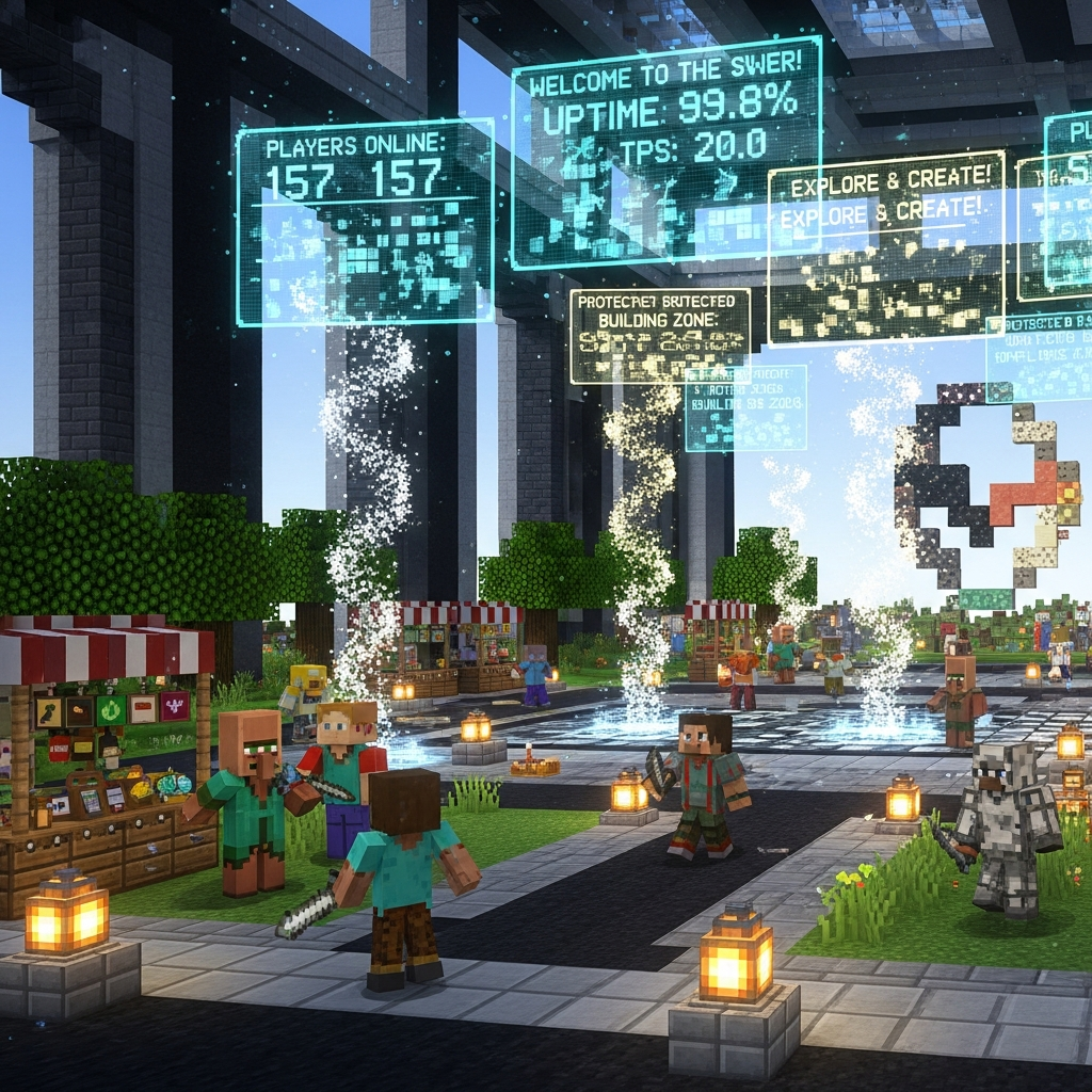 Detailed view of a Minecraft server spawn area with holographic displays showing server statistics, floating welcome messages, protected building zones marked with particle effects, and players interacting with shop NPCs under a modern architectural structure