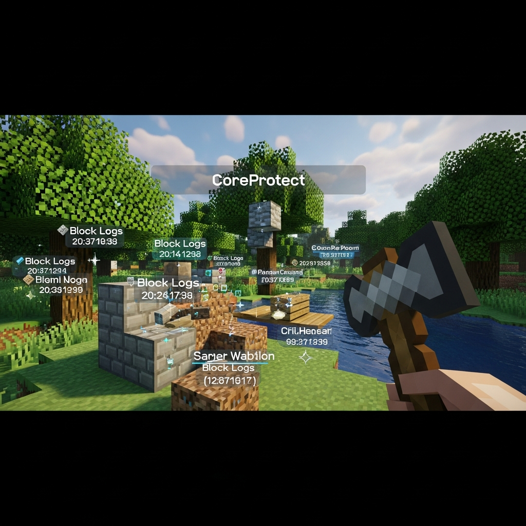 Detaillierte Ansicht eines CoreProtect-Inspektions-Tools in Minecraft, Spieler hält einen Holzaxt und sieht Block-Logs mit Zeitstempeln und Spielernamen, realistische Minecraft-Grafik mit Shader, professionelle Server-Management-Szene
