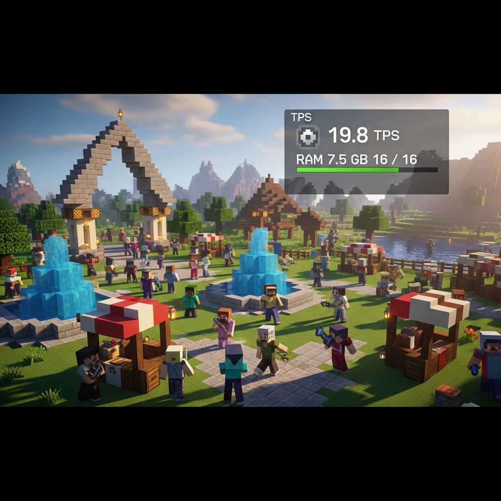 Detaillierte Ansicht eines Minecraft-Servers im Spiel, Spawn-Bereich mit vielen Spielern, im Hintergrund Server-Performance-Overlay mit TPS-Counter und RAM-Anzeige, fotorealistisch, dynamische Beleuchtung