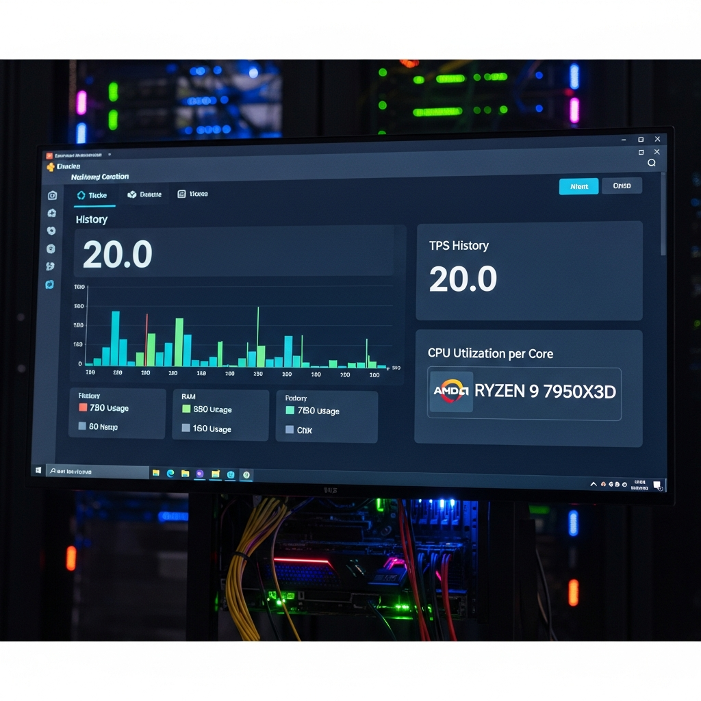 Detaillierte Ansicht eines Minecraft-Servers in Betrieb mit technischen Performance-Metriken, Grafiken zeigen TPS-Verlauf bei 20.0, RAM-Nutzung mit farbigen Balken, CPU-Auslastung pro Kern des AMD Ryzen 9 7950X3D, modernes Monitoring-Dashboard mit dunklem Theme