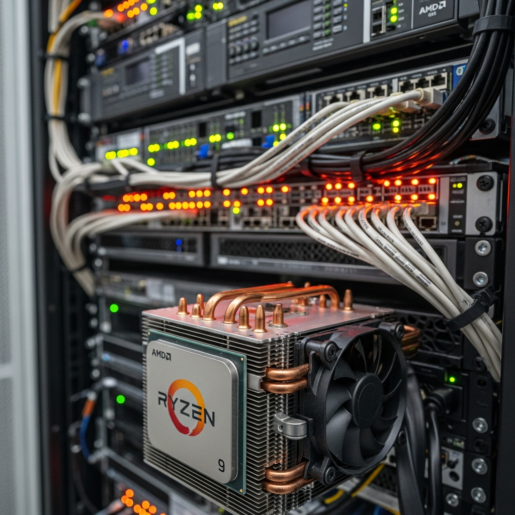 Detaillierte Ansicht eines professionellen Server-Racks in einem modernen Rechenzentrum, im Vordergrund ein AMD Ryzen 9 Prozessor mit sichtbarem Kühlsystem, dahinter blinkende Netzwerk-LEDs und ordentlich verlegte Kabel, hochauflösende technische Fotografie mit Tiefenschärfe