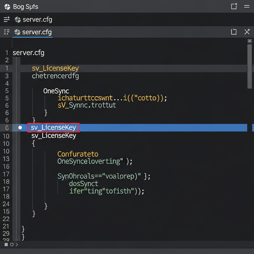 Detaillierte Nahaufnahme eines Code-Editors mit geöffneter server.cfg-Datei, in der die sv_licenseKey-Zeile und OneSync-Konfiguration deutlich sichtbar markiert sind, professionelle Entwicklungsumgebung mit Syntax-Highlighting in dunklem Theme