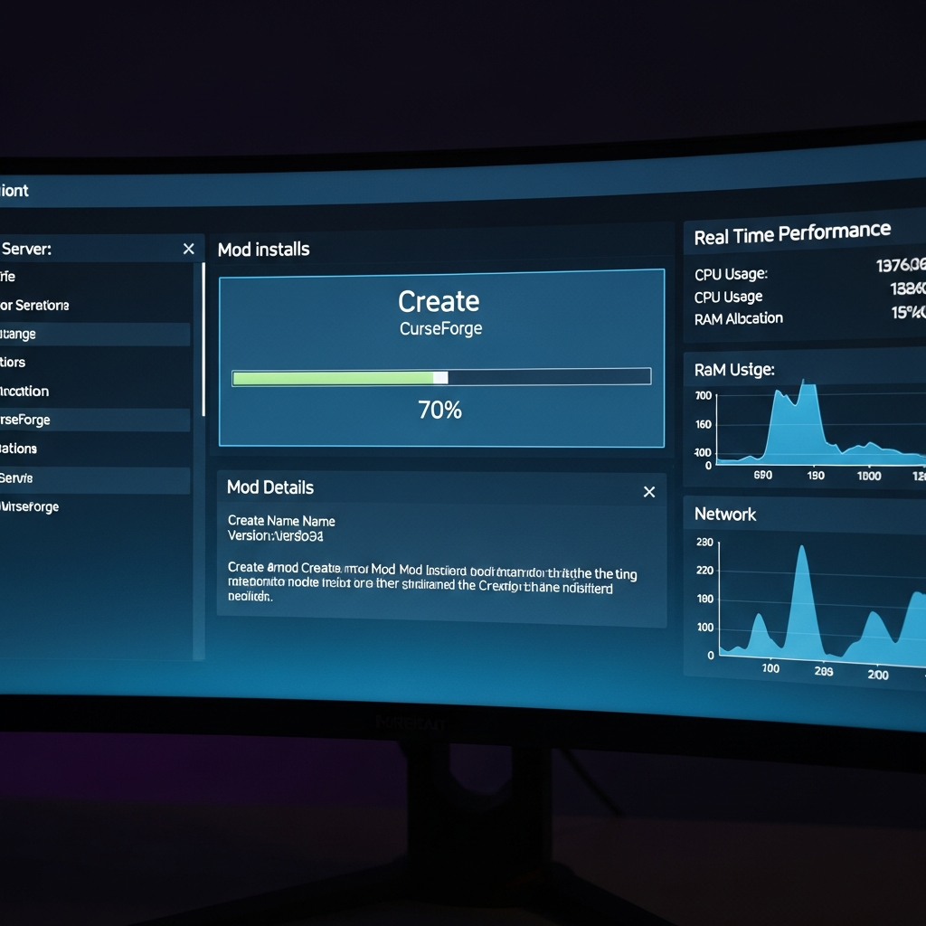 Detaillierte Nahaufnahme eines Minecraft-Server-Kontrollpanels auf einem modernen Gaming-Monitor, zeigt die Installation von Create-Mod über CurseForge-Integration, mit Fortschrittsbalken, Mod-Details und Server-Performance-Metriken in Echtzeit, professionelle Studio-Beleuchtung