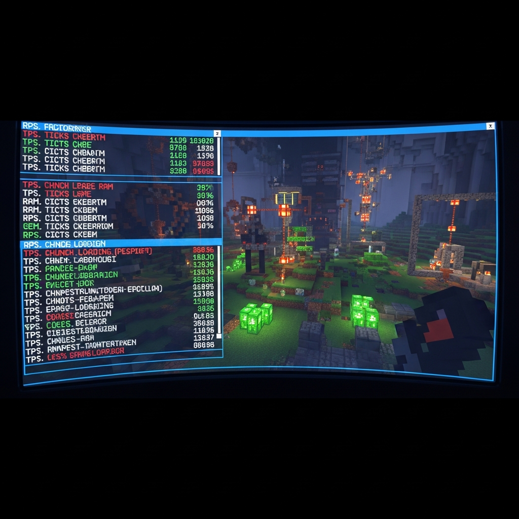 Detaillierte Nahaufnahme eines Minecraft-Serverbildschirms mit eingeblendeter Konsole, die Performance-Metriken wie TPS (Ticks per Second), RAM-Auslastung und Chunk-Loading-Statistiken zeigt, im Hintergrund eine Minecraft-Welt mit komplexen Redstone-Konstruktionen