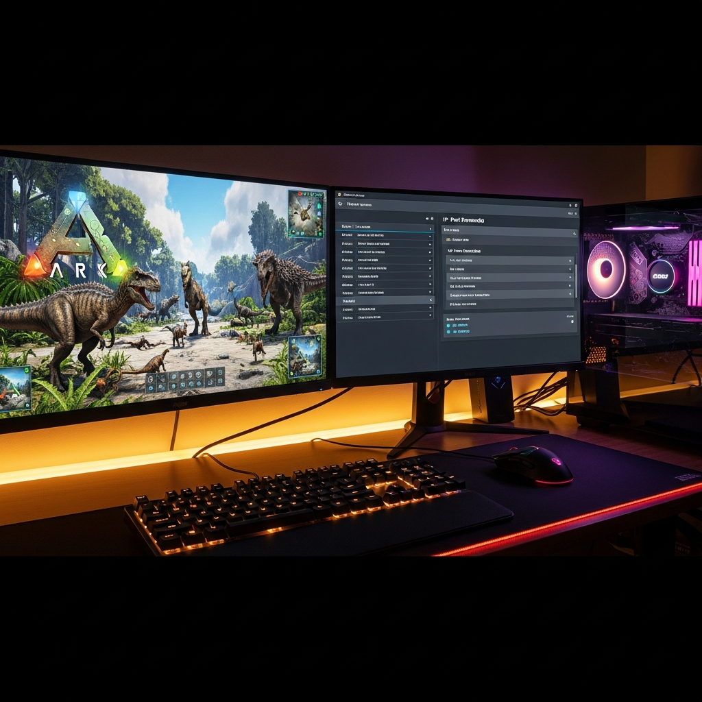 Detaillierte Nahaufnahme eines modernen Gaming-PC-Setups mit mehreren Monitoren, auf dem linken Bildschirm ist das ARK-Spiel mit Dinosauriern zu sehen, auf dem rechten Monitor ein Router-Konfigurationsmenü mit Port-Forwarding-Einstellungen, warmes LED-Licht beleuchtet die mechanische Tastatur