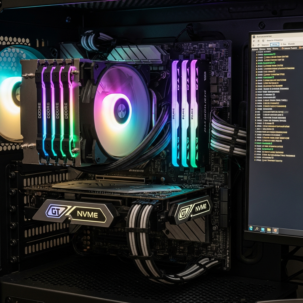 Detaillierte Nahaufnahme eines modernen Gaming-PCs mit geöffnetem Gehäuse, sichtbare RGB-beleuchtete RAM-Module DDR5, leistungsstarke CPU mit großem Kühlkörper, mehrere NVMe-SSDs auf dem Mainboard, auf dem angeschlossenen Monitor läuft ein Minecraft-Server-Konsolenfenster mit Statusmeldungen