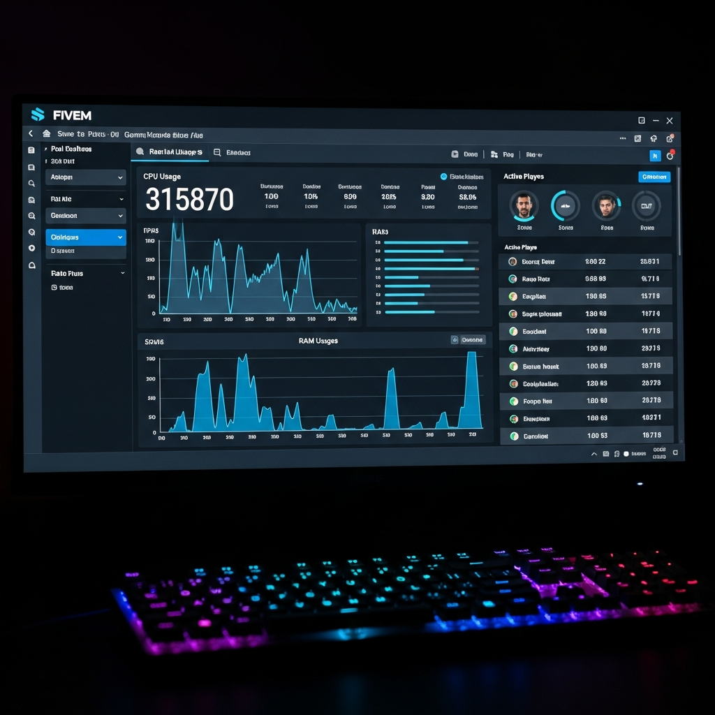 Detaillierte Nahaufnahme eines modernen Gaming-Server-Dashboards auf einem 4K-Monitor, FiveM Control Panel mit Echtzeit-Statistiken, CPU-Auslastung-Graphen, RAM-Balken, Player-Liste, dunkles UI-Design, RGB-beleuchtete mechanische Tastatur im Vordergrund, fotorealistisch