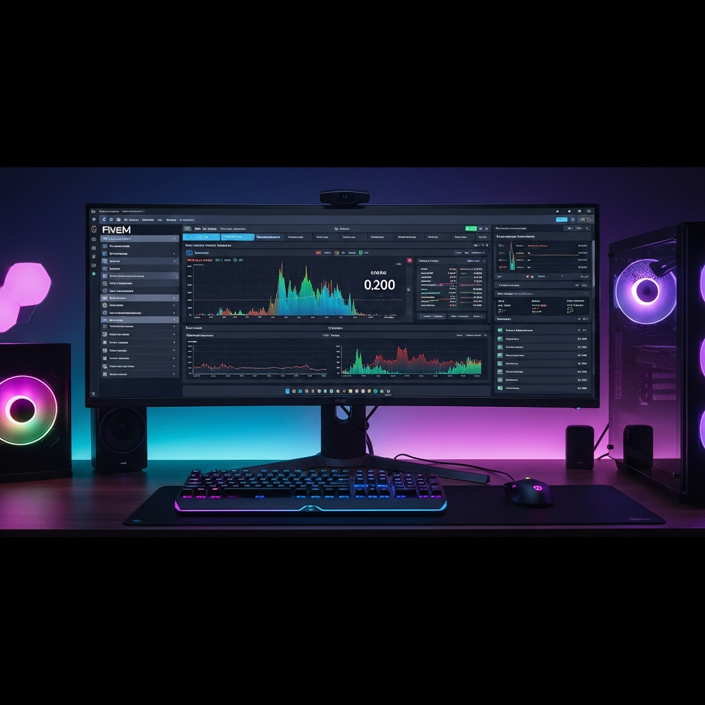 Detaillierte Visualisierung eines FiveM-Server-Dashboards auf einem modernen Monitor, sichtbare Performance-Metriken, Grafiken und Statistiken, professionelle Gaming-Setup-Umgebung mit RGB-Beleuchtung