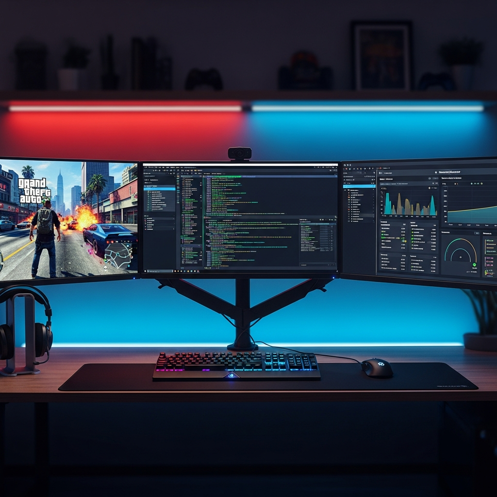 Detaillierte fotorealistische Aufnahme eines Gaming-Setups mit drei Monitoren, auf denen gleichzeitig FiveM-Gameplay, Server-Konsole mit scrollenden Logs und ein Ressourcen-Manager zu sehen sind, in einem modern eingerichteten Raum mit LED-Beleuchtung