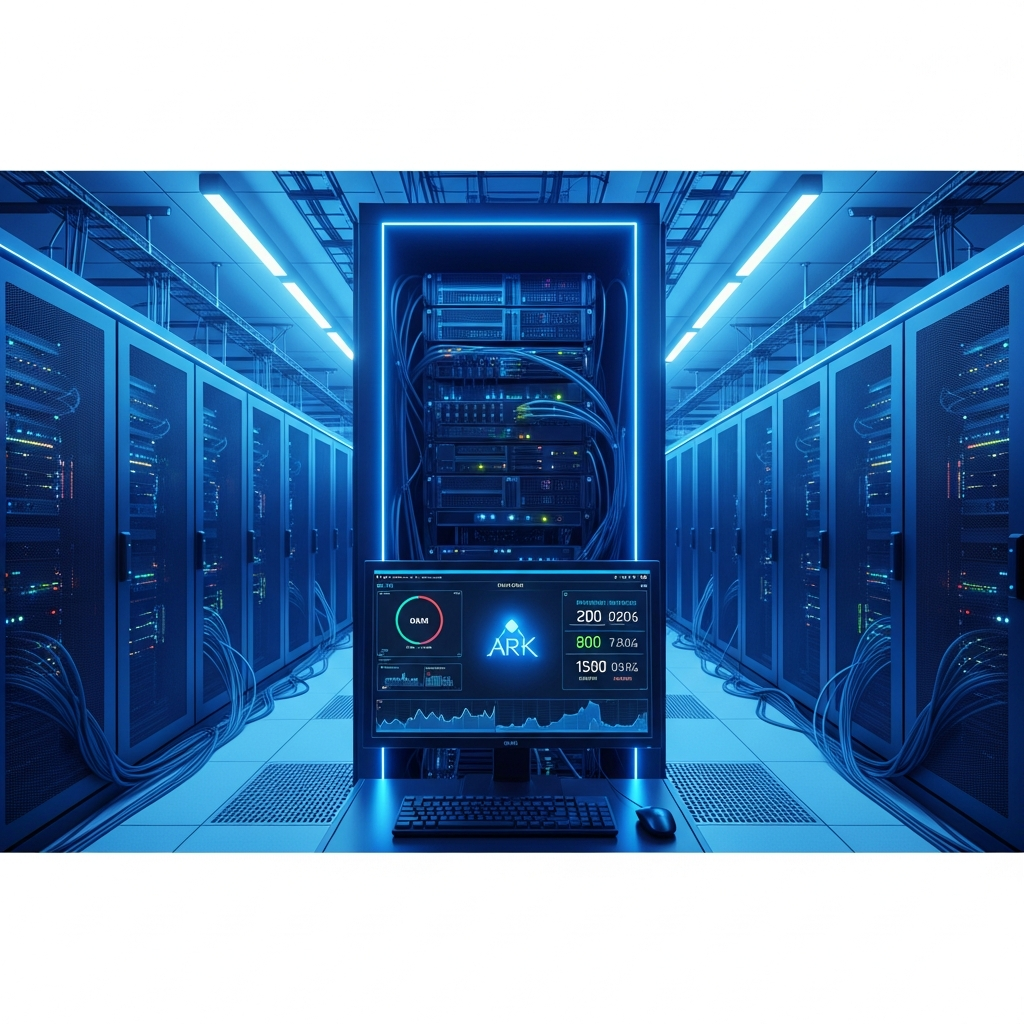 Detaillierte fotorealistische Darstellung eines ARK-Servers in Aktion, hochmoderne Serverrack-Umgebung mit blau leuchtenden LEDs, im Vordergrund ein Monitor mit Echtzeit-Performance-Metriken, CPU-Auslastung, RAM-Nutzung und Netzwerk-Traffic, futuristische Rechenzentrumsästhetik