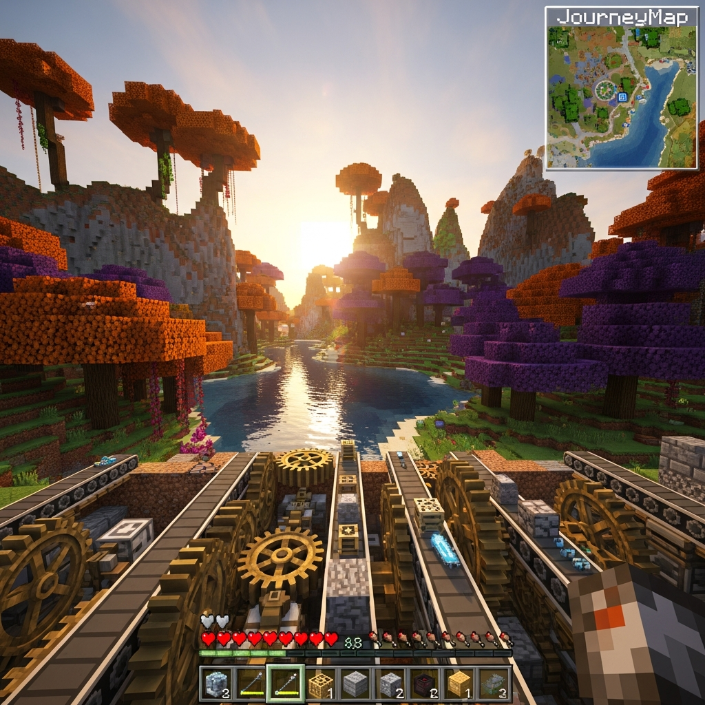 Detaillierte fotorealistische Darstellung eines Minecraft-Servers mit aktivierten Mods, sichtbare Create-Mod-Maschinen mit rotierenden Zahnrädern und Förderbändern, Biomes O'Plenty-Landschaft mit exotischen Bäumen im Hintergrund, JourneyMap-Minimap in der Ecke, high-definition In-Game-Perspektive bei Sonnenuntergang
