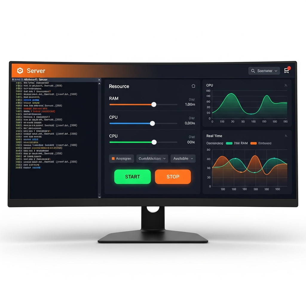 Detaillierter Screenshot eines modernen Server-Control-Panels auf einem 4K-Monitor, zeigt Ressourcen-Slider für RAM und CPU, Start/Stop-Buttons in leuchtendem Grün, Echtzeit-Grafiken mit Performance-Metriken, Minecraft-Server-Konsole mit scrollenden Logs, dunkles UI-Design mit orange-blauen Akzenten