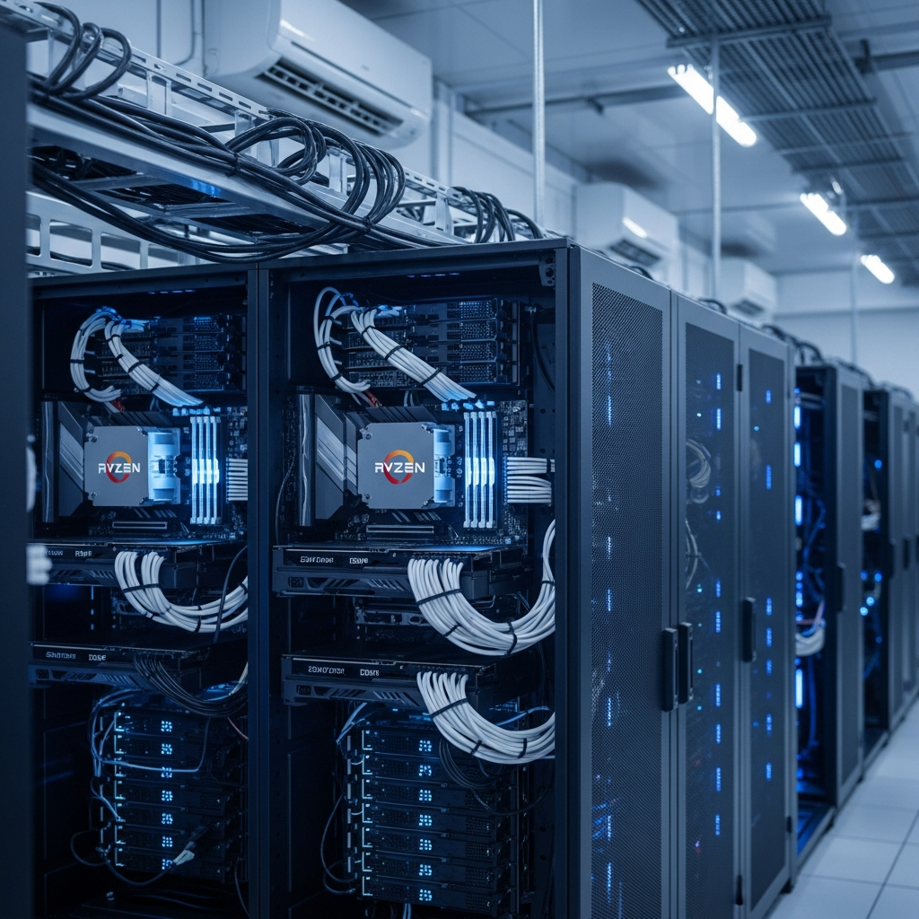 Detaillierter Serverraum mit AMD Ryzen 9 Prozessoren in schwarzen Tower-Gehäusen, blau leuchtende LED-Streifen, strukturierte Verkabelung, NVMe SSD-Laufwerke und DDR5 RAM-Module sichtbar auf Mainboards, professionelle Klimatisierung, fotorealistische Darstellung mit Schärfentiefe