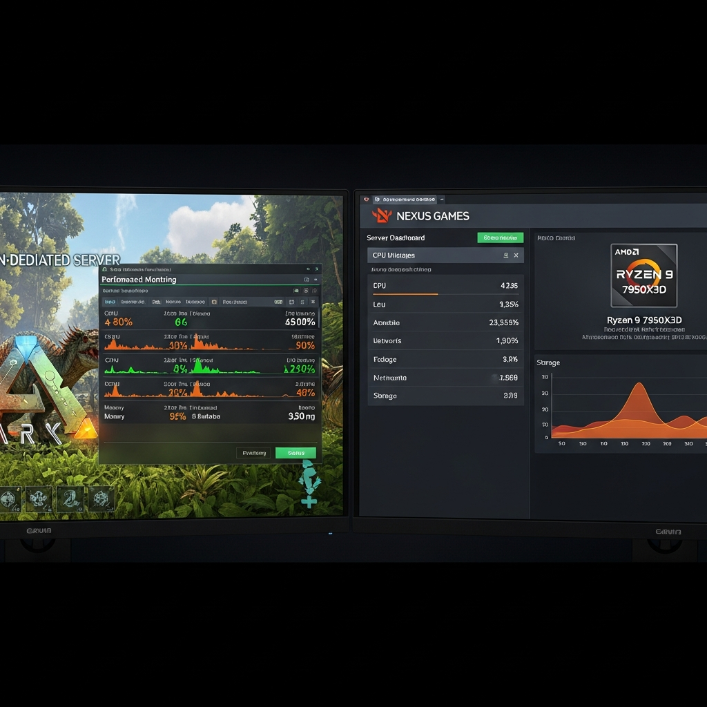 Detaillierter Vergleichs-Screenshot zweier Monitore nebeneinander – links ein ARK Non-Dedicated Server mit Performance-Monitoring-Overlay und hoher CPU-Last, rechts ein professionelles Server-Dashboard von Nexus Games mit stabilen Metriken und dem AMD Ryzen 9 7950X3D Panel