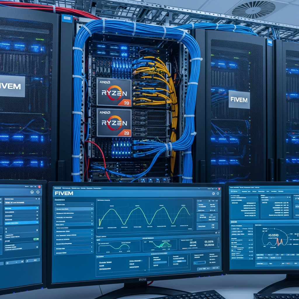 Detaillierter fotorealistischer Serverraum mit modernen Rack-Servern, leuchtenden blauen LED-Anzeigen, AMD Ryzen Prozessor-Logos auf den Hardware-Einheiten, professionelle Verkabelung, klimatisierte Umgebung, Nahaufnahme eines Server-Dashboards mit FiveM-Logo und Performance-Metriken auf Monitoren