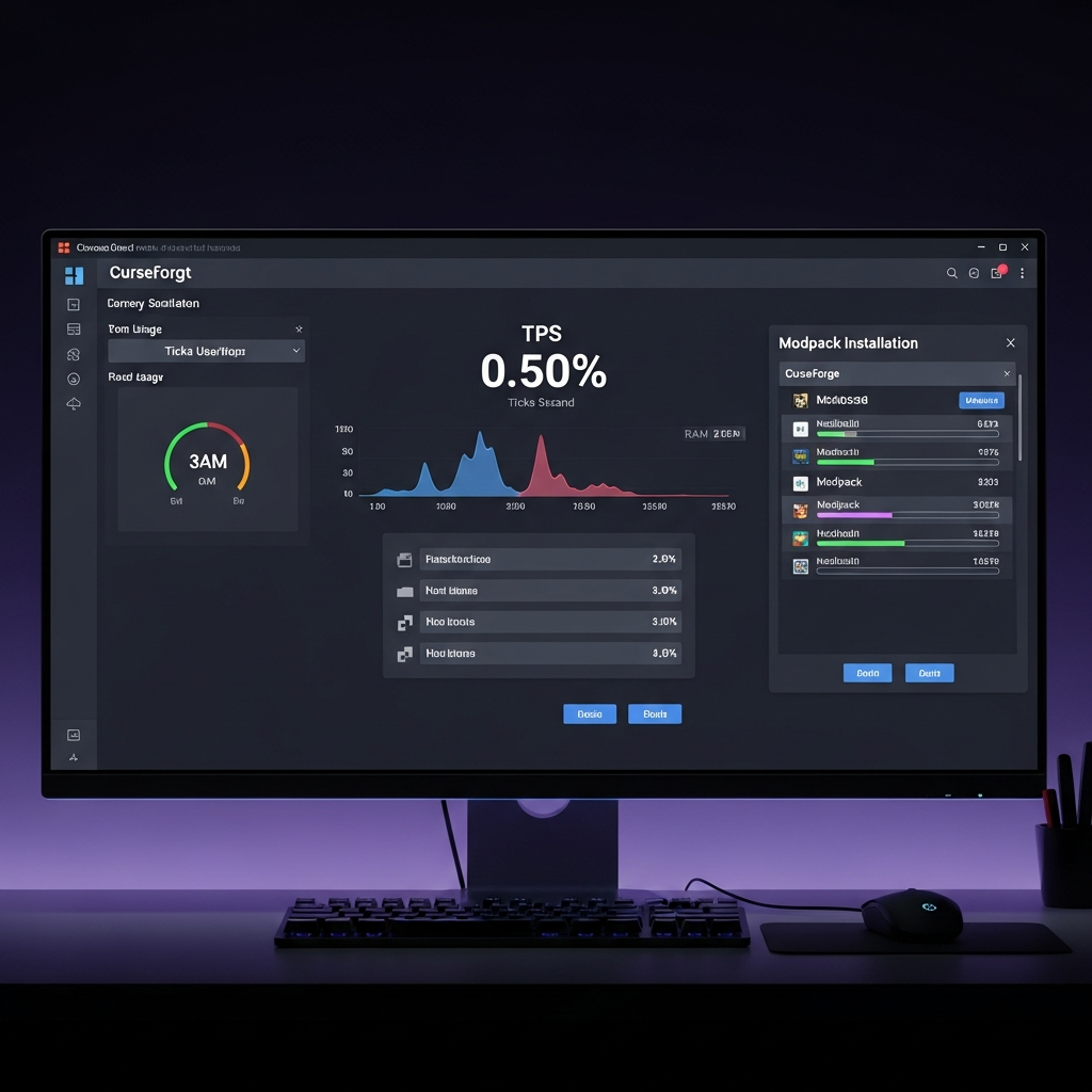Detailliertes Foto eines Minecraft-Server-Control-Panels auf einem modernen Monitor, grafische Darstellung von TPS-Anzeigen, RAM-Auslastung und Modpack-Installations-Interface mit CurseForge-Integration, cleanes UI-Design