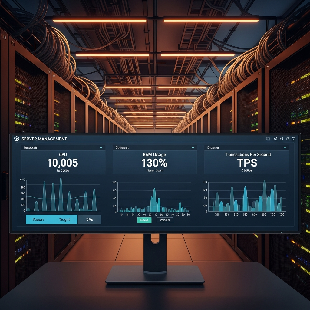 Detailliertes Foto eines professionellen Server-Management-Dashboards auf einem Monitor: Grafiken zeigen CPU-Auslastung, RAM-Nutzung, Spieleranzahl und TPS in Echtzeit, im Hintergrund ein modernes Rechenzentrum mit Serverracks und Netzwerkkabeln, warme LED-Beleuchtung, technische Atmosphäre