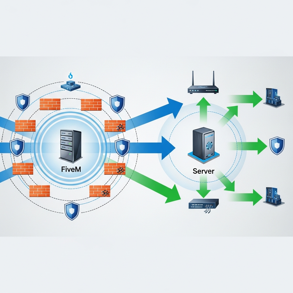 Diagrama de red ilustrando protección anti-DDoS multicapa para servidor FiveM, con flechas mostrando tráfico limpio atravesando firewalls, representación técnica con iconos de servidores, escudos de seguridad y flujo de datos en colores azul y verde