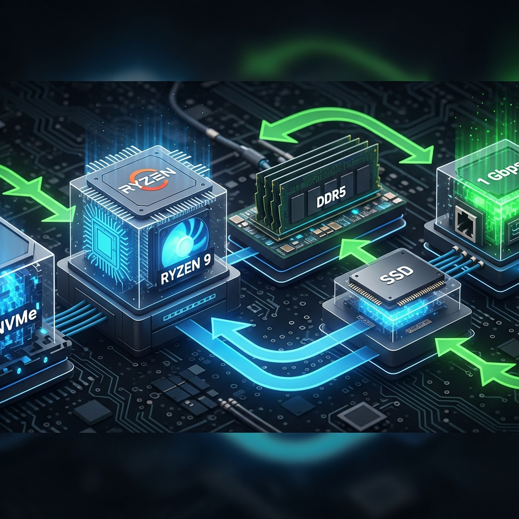 Diagrama técnico ilustrando la arquitectura de un servidor Minecraft: bloques representando CPU (Ryzen 9), RAM DDR5, SSD NVMe y red 1 Gbps, interconectados con flechas, estilo infográfico moderno, colores azul y verde, fondo tecnológico