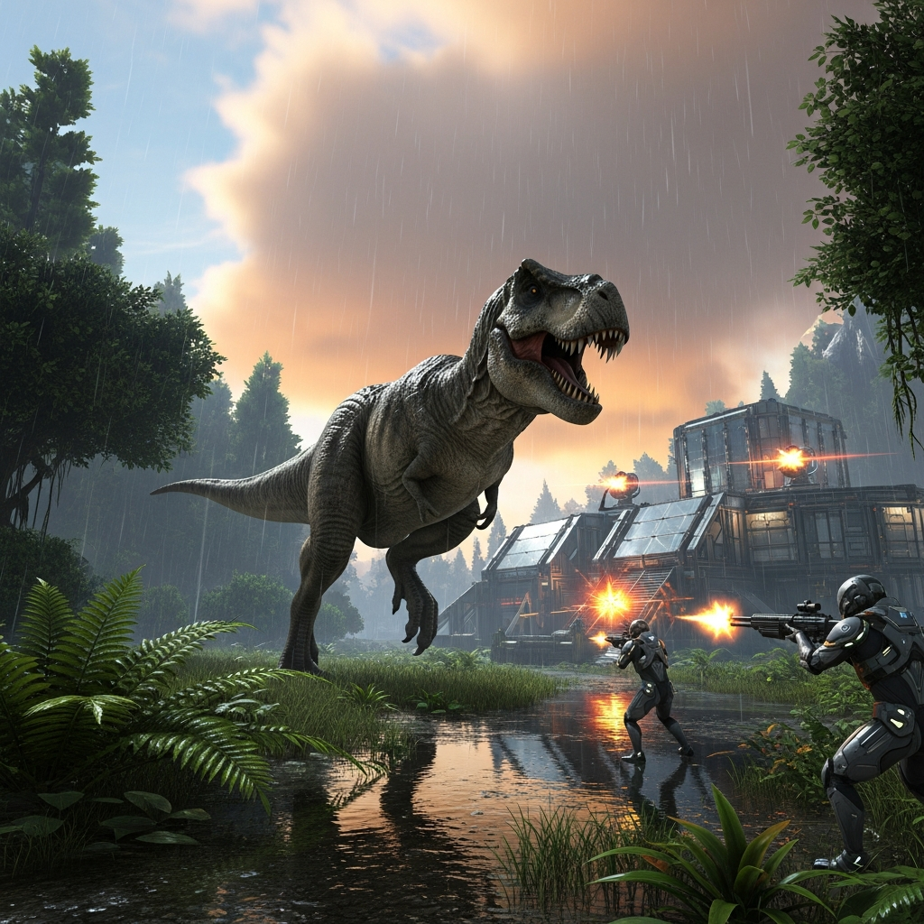 Dinosaurio T-Rex fotorrealista cargando contra base fortificada de metal y cristal en ARK Survival Ascended, gráficos Unreal Engine 5 con iluminación volumétrica, reflejos en charcos de lluvia, jugadores en primer plano con rifles tek disparando, vegetación exuberante y cielo tormentoso al atardecer