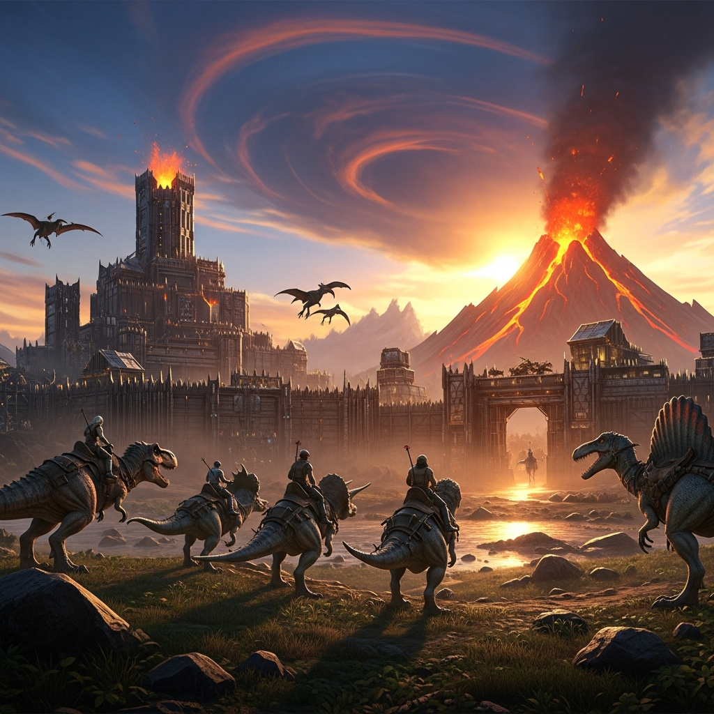 Eine fotorealistische Szene eines ARK Survival Ascended Spiels mit mehreren Spielern, die auf gezähmten Dinosauriern reiten vor einer großen Stammesbasis aus Stein und Metall, im Hintergrund ein aktiver Vulkan bei Sonnenuntergang mit dramatischer Beleuchtung