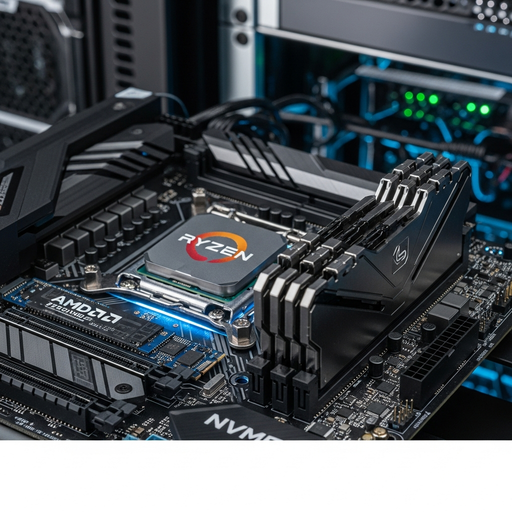 Ein fotorealistischer Close-Up eines AMD Ryzen 9 7950X3D Prozessors auf einem modernen Mainboard mit DDR5-RAM-Modulen und einer NVMe M.2 SSD, beleuchtet mit kühlem blauen Licht in einem professionellen Server-Rack