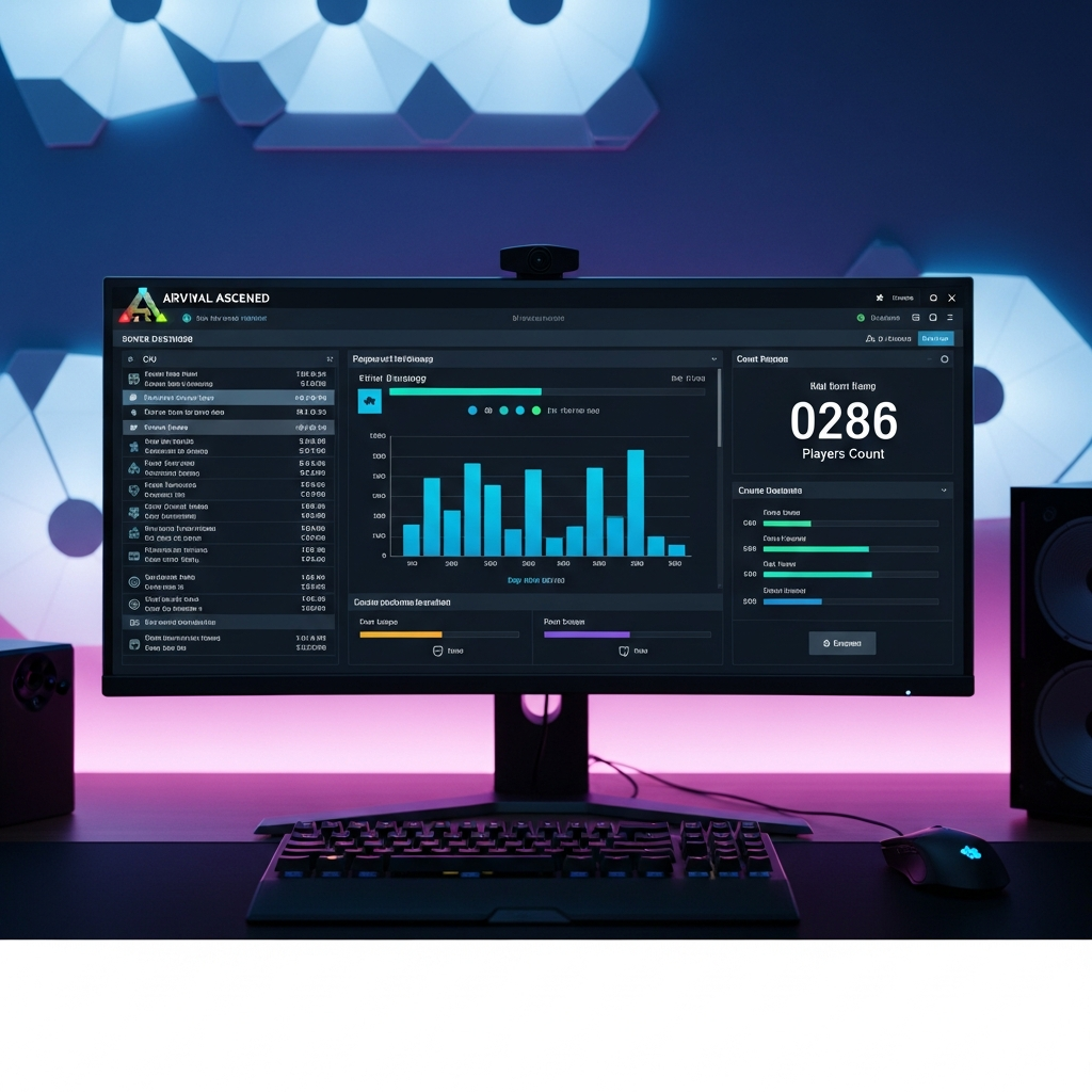 Ein modernes Server-Dashboard auf einem Monitor, das die Verwaltungsoberfläche eines ARK Survival Ascended Servers zeigt, mit Echtzeitstatistiken zu CPU-Auslastung, RAM-Nutzung und Spieleranzahl, fotorealistisch beleuchtet in einem professionellen Gaming-Setup