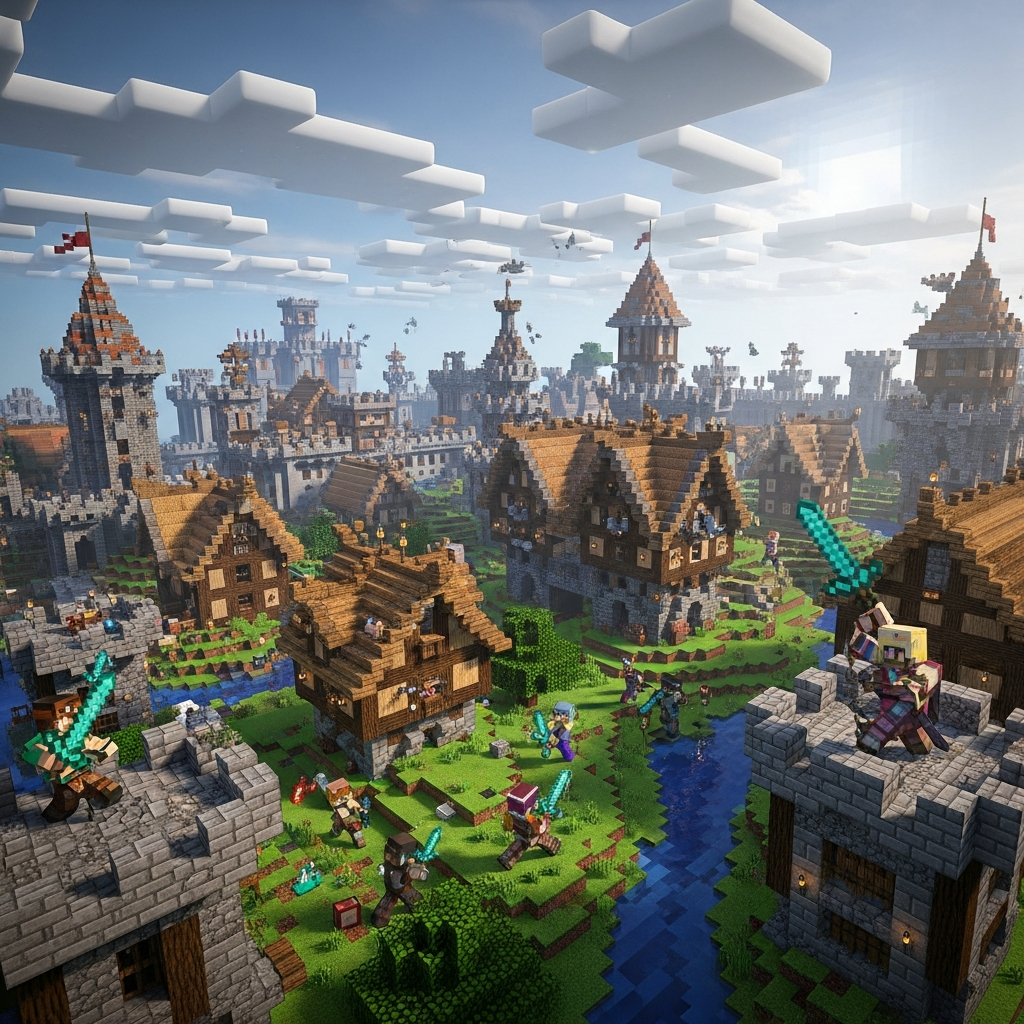 Escena inmersiva de un mundo Minecraft multijugador con construcciones medievales detalladas, varios jugadores con skins personalizados interactuando, cielo dinámico con shaders realistas, vista aérea amplia mostrando chunk rendering perfecto
