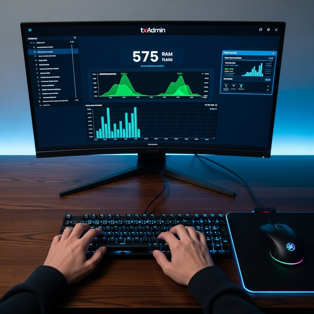 Fotografía fotorrealista en primera persona de unas manos sobre un teclado mecánico retroiluminado escribiendo comandos en la consola de txAdmin visible en un monitor gaming curvo 32 pulgadas, interfaz txAdmin mostrando panel de control con estadísticas en tiempo real de CPU y RAM, gráficos de rendimiento en verde y azul, luz ambiente de LED azul en el fondo, ratón gaming con RGB en el lado derecho, textura realista de escritorio de madera oscura