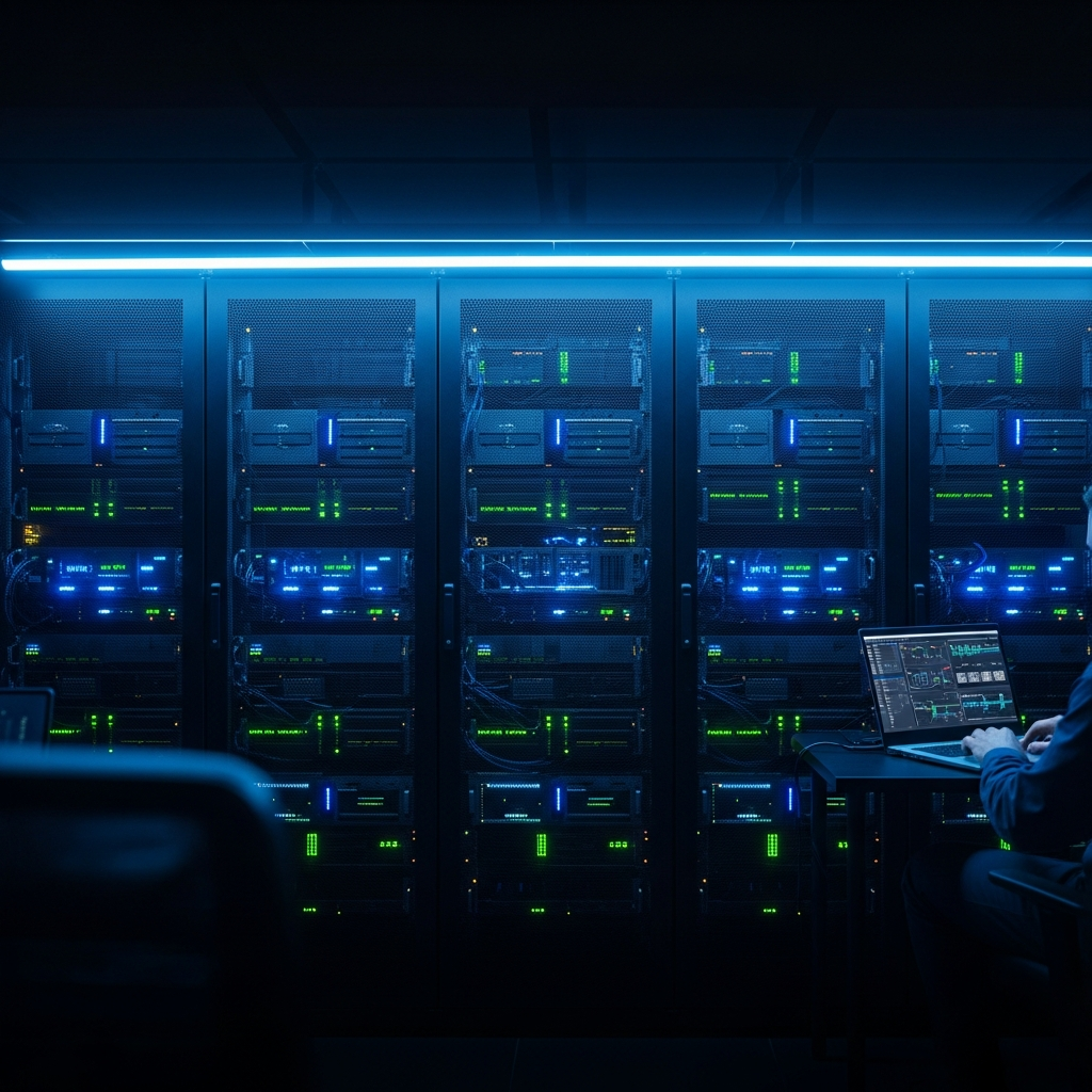 Fotorealistische Aufnahme eines hochmodernen Server-Racks in einem professionellen Rechenzentrum, im Vordergrund ein Techniker mit Laptop der Monitoring-Dashboards prüft, blaue und grüne Status-LEDs leuchten rhythmisch, kühles Neonlicht von oben, Tiefenschärfe auf die Server-Hardware im mittleren Rack