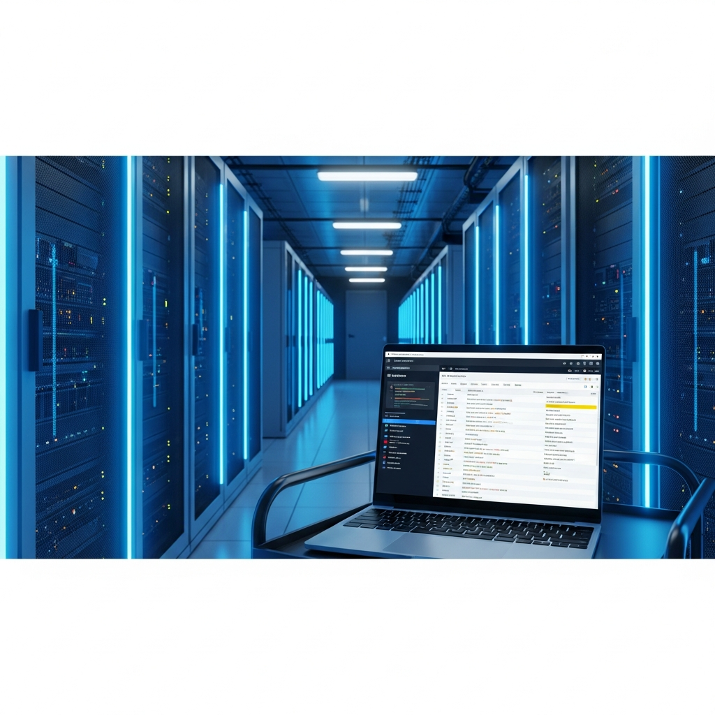 Fotorealistische Darstellung eines Serverraums mit modernen Racks, blau leuchtende LEDs, im Vordergrund ein Wartungs-Laptop mit geöffnetem Server-Dashboard und Plugin-Update-Liste, professionelle Beleuchtung, technisch anspruchsvoll