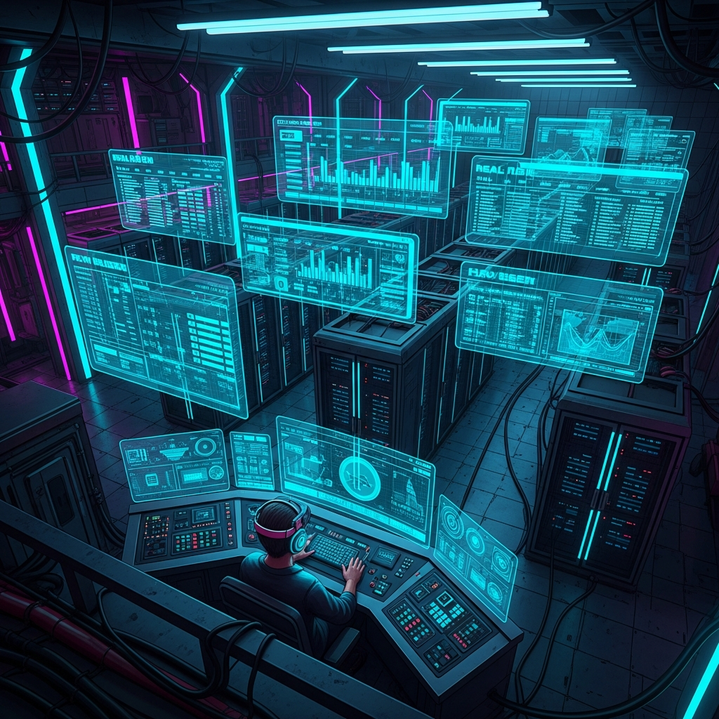 Fotorealistischer Blick auf einen futuristischen Serverraum von oben, mehrere leuchtende Hologramm-Monitore zeigen Minecraft-Server-Statistiken, Grafiken und Plugin-Listen, ein Administrator mit Headset sitzt vor einem Panel, dunkle Umgebung mit cyan und violetten Akzenten, Cyberpunk-Ästhetik