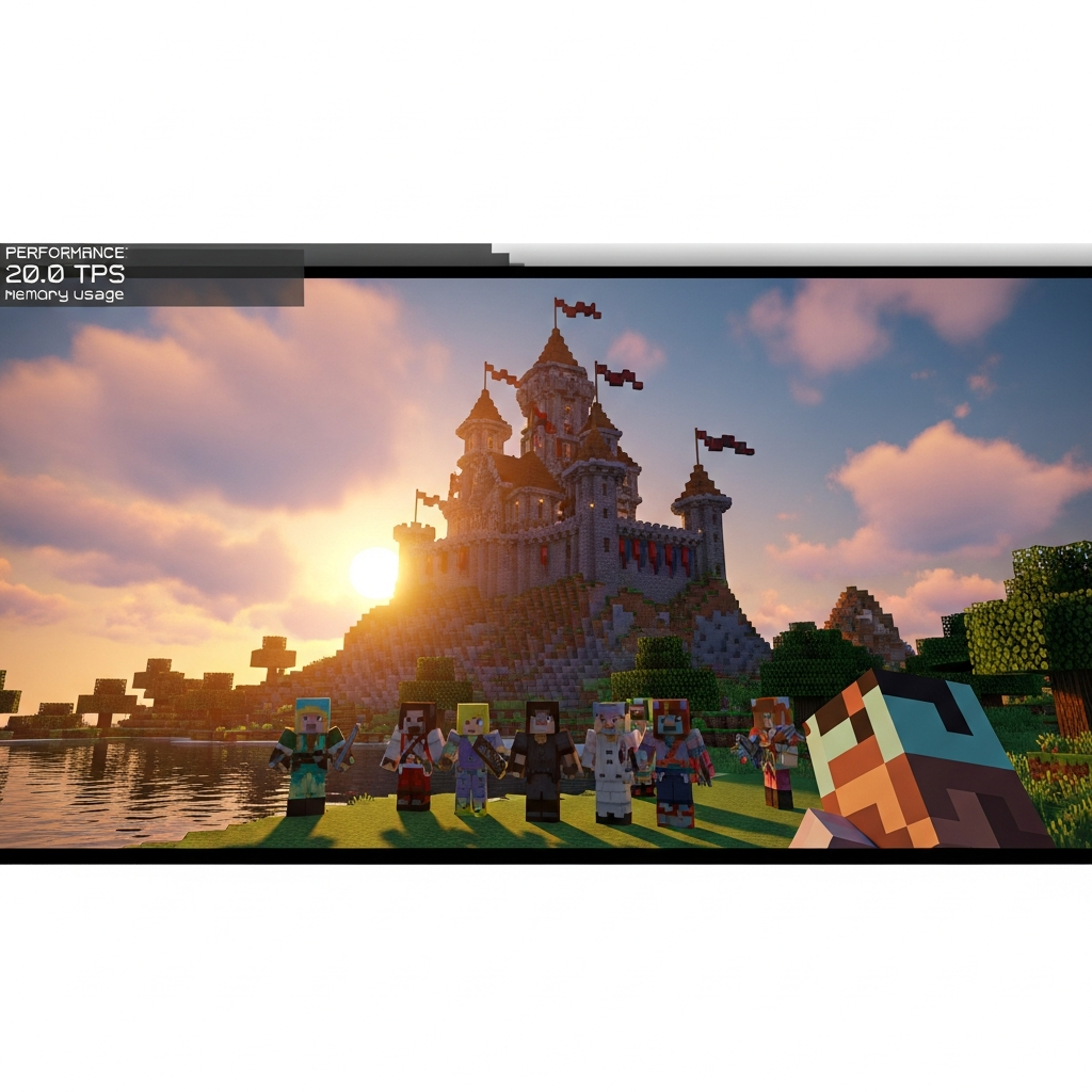 Fotorealistischer Screenshot einer Minecraft-Serverwelt mit imposanter mittelalterlicher Burg auf einem Berg bei Sonnenuntergang, im Vordergrund mehrere Spieler-Charaktere, am Bildschirmrand ist das Performance-Overlay mit "20.0 TPS" und Speicherauslastung zu sehen, Ultra-Grafikeinstellungen mit Shadern