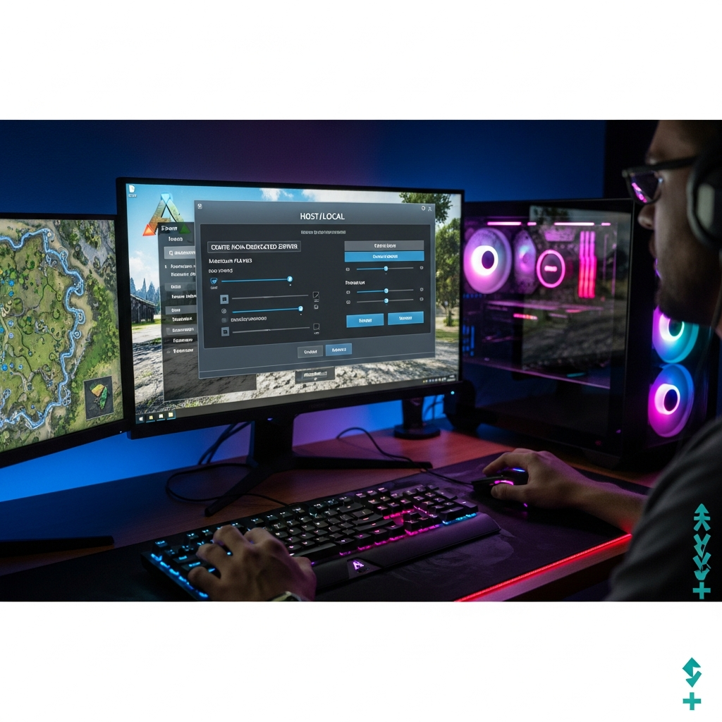 Fotorealistischer Screenshot eines ARK-Spielers an einem Gaming-PC, der über das Ingame-Menü einen Non-Dedicated Server erstellt, mit sichtbarem Host/Local-Dialog und Einstellungen für Spieleranzahl und Privacy-Optionen auf dem Monitor